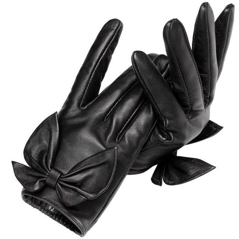 Black Bow Knot Leather Gloves